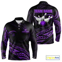Load image into Gallery viewer, Black and Purple Tribal Pattern Bowling Polo, Quarter Zip shirts For Men Custom Team Bowling Jerseys NQS10486