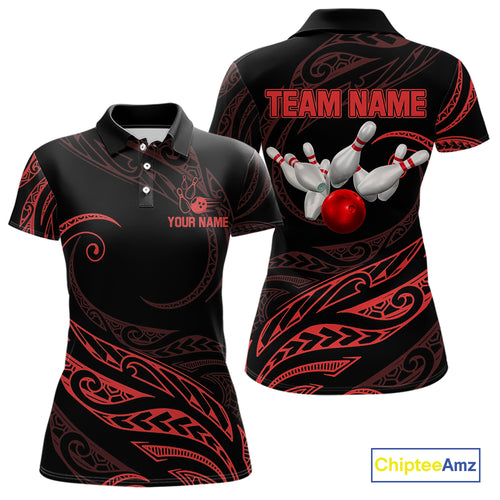 Black and Red Tribal Pattern Bowling Polo, Quarter Zip shirts For Women Custom Team Bowling Jerseys NQS10485