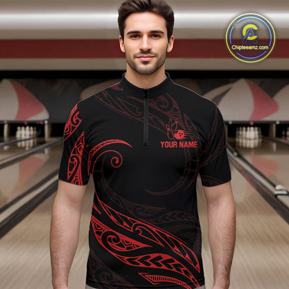 Black and Red Tribal Pattern Bowling Polo, Quarter Zip shirts For Men Custom Team Bowling Jerseys NQS10485