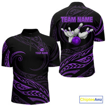 Load image into Gallery viewer, Black and Purple Tribal Pattern Bowling Polo, Quarter Zip shirts For Men Custom Team Bowling Jerseys NQS10486