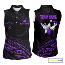 Load image into Gallery viewer, Black and Purple Tribal Pattern Bowling Sleeveless Polo shirt Custom Team Bowling Jerseys NQS10486