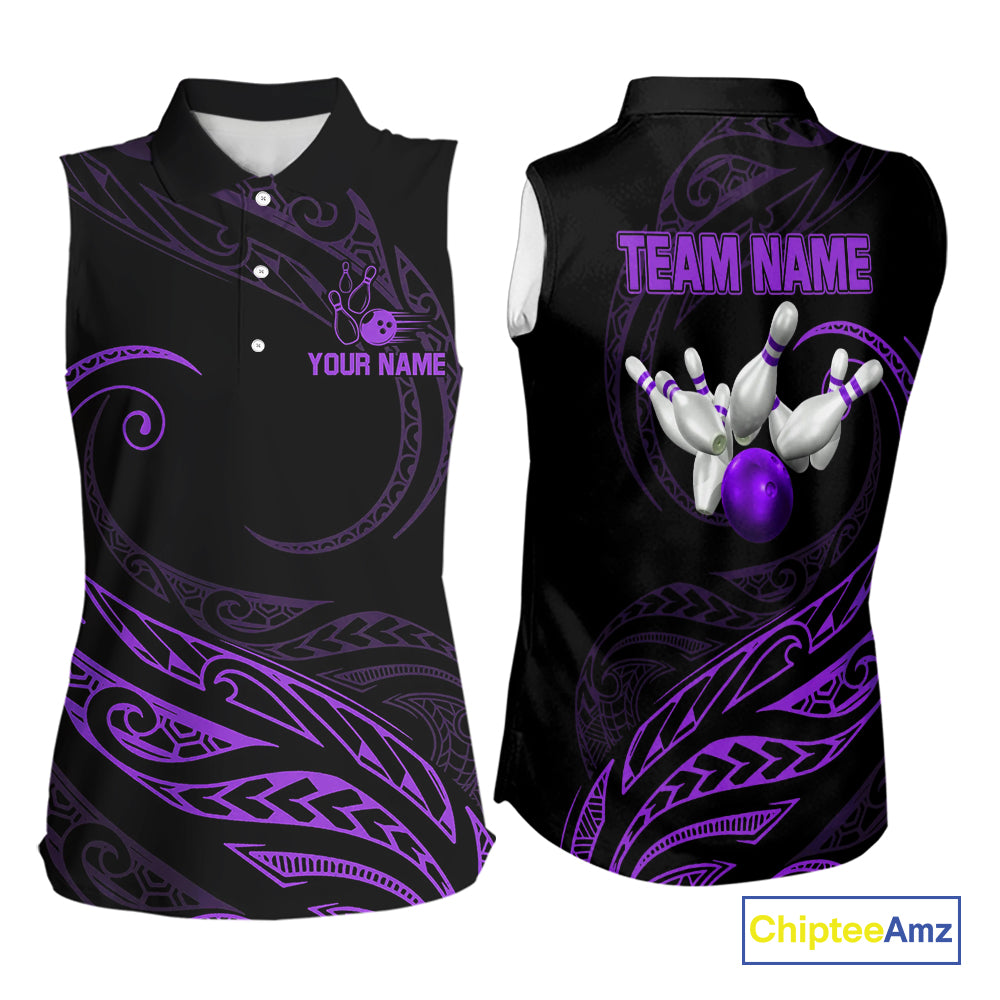 Black and Purple Tribal Pattern Bowling Sleeveless Polo shirt Custom Team Bowling Jerseys NQS10486
