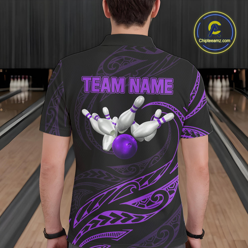 Black and Purple Tribal Pattern Bowling Polo, Quarter Zip shirts For Men Custom Team Bowling Jerseys NQS10486