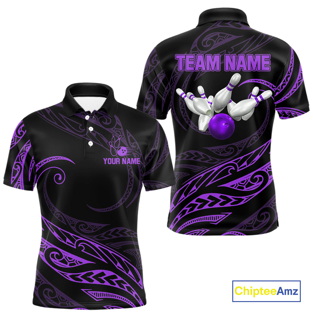 Black and Purple Tribal Pattern Bowling Polo, Quarter Zip shirts For Men Custom Team Bowling Jerseys NQS10486