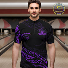 Load image into Gallery viewer, Black and Purple Tribal Pattern Bowling Polo, Quarter Zip shirts For Men Custom Team Bowling Jerseys NQS10486