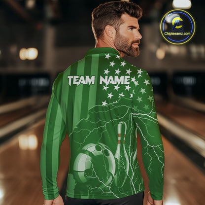 Personalized Green American flag Lightning thunder Custom Bowling Team Shirts For Mens Bowling Jersey NQS10487