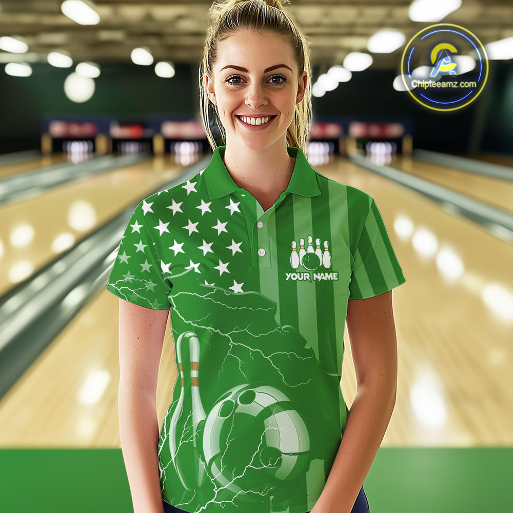 Personalized Green American flag Lightning thunder Custom Bowling Team Shirt For Women Bowling Jersey NQS10487