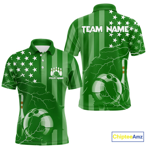 Personalized Green American flag Lightning thunder Custom Bowling Team Shirts For Mens Bowling Jersey NQS10487