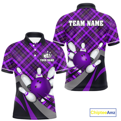Purple Plaid pattern Bowling shirts For Men Custom Team Bowling Jersey Xmas Gift For Bowlers NQS10494