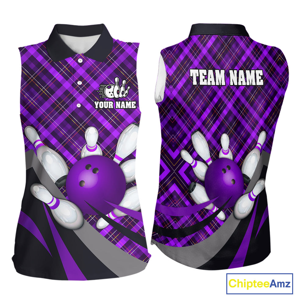 Purple Plaid pattern Bowling Sleeveless Polo shirt Custom Team Bowling Jersey Xmas Gift For Bowlers NQS10494