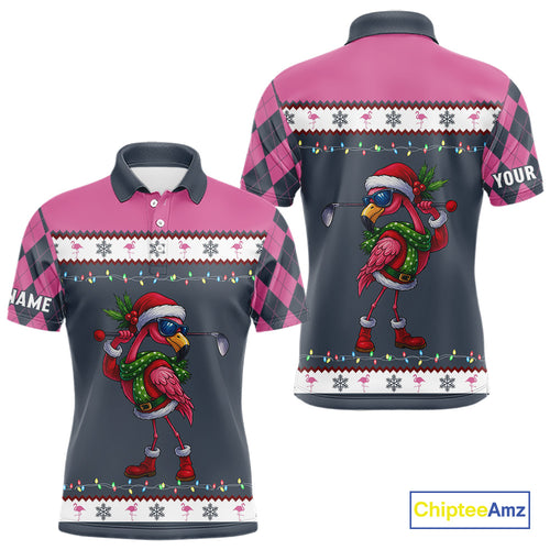 Pink argyle pattern Funny Christmas Flamingo Mens golf polo shirt custom golf attire for men NQS11088