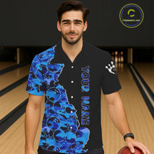 Load image into Gallery viewer, Black &amp; Blue Camo Team Hawaiian bowling shirts Custom bowling shirts with name, Team Bowling Jerseys NQS11508