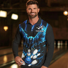 Load image into Gallery viewer, Custom Blue Lightning Thunder Eagle Men Bowling Polo, Quarter Zip Shirts Bowling Team Jerseys Outfits NQS9577
