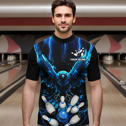 Custom Blue Lightning Thunder Eagle Men Bowling Polo, Quarter Zip Shirts Bowling Team Jerseys Outfits NQS9577