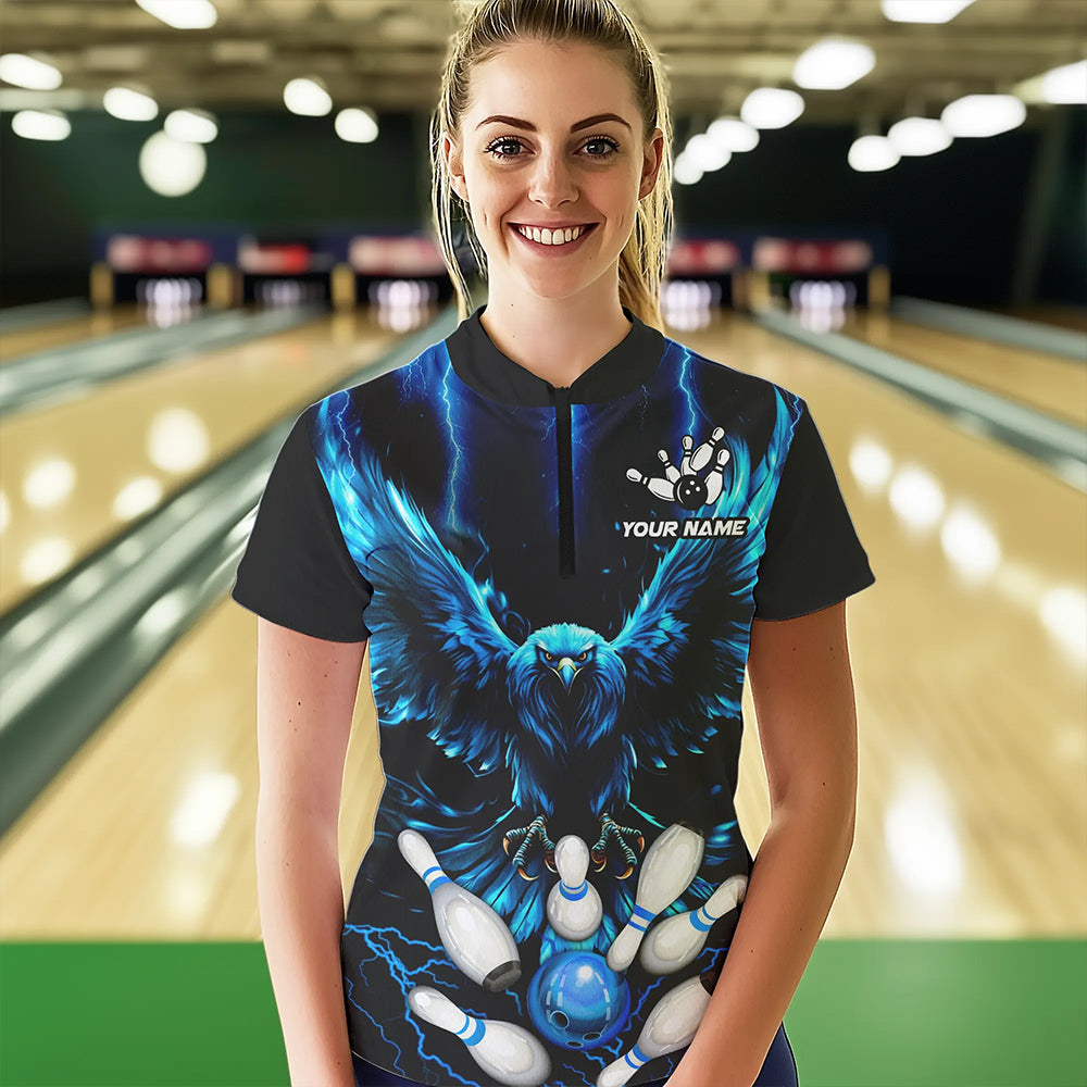 Custom Blue Lightning Thunder Eagle Women Bowling Polo, Quarter Zip Shirts Bowling Team Jersey Outfits NQS9577