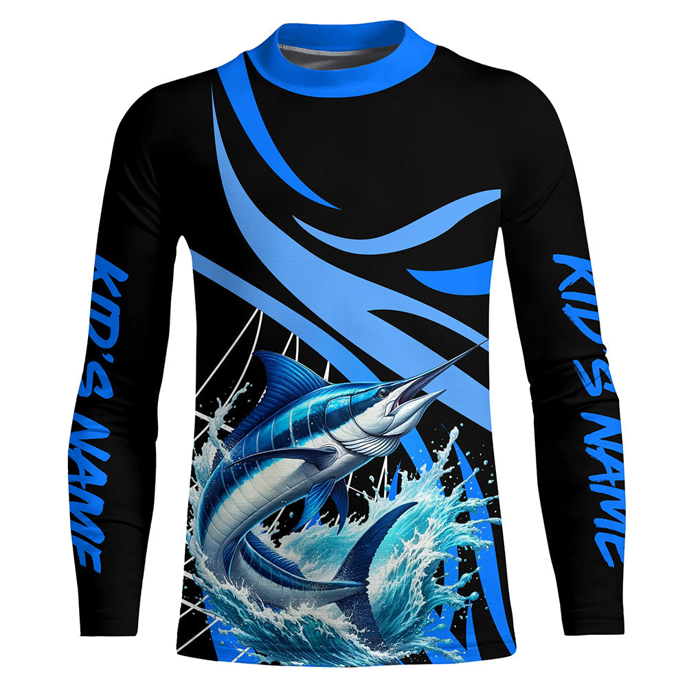 Personalized Blue Marlin Long Sleeve Fishing Shirts, Marlin Tournament Fishing Jerseys | Blue NQS7500