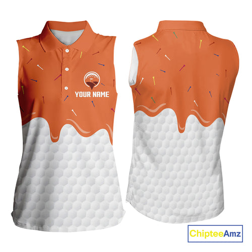 Womens sleeveless golf polo shirts custom orange Ice Cream Melting On Golf Ball, golf gifts for ladies NQS9989