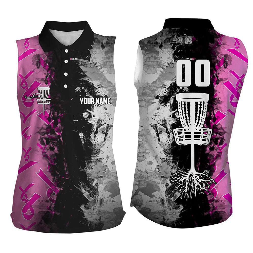 Custom name, number Disc Golf basket Women sleeveless polo shirt, Breast cancer disc golf tops NQS8307