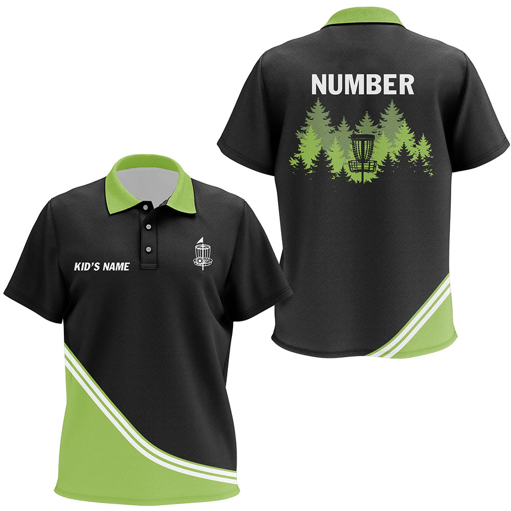 Black and Green disc golf basket in the forest custom Kid disc golf polo shirts, disc golf jersey NQS8752