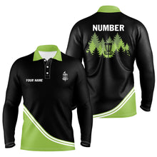 Load image into Gallery viewer, Black and Green disc golf basket in the forest custom Men disc golf polo shirt, disc golf jersey NQS8752
