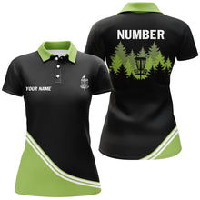 Load image into Gallery viewer, Black and Green disc golf basket in the forest custom Womens disc golf polo shirt, disc golf jersey NQS8752
