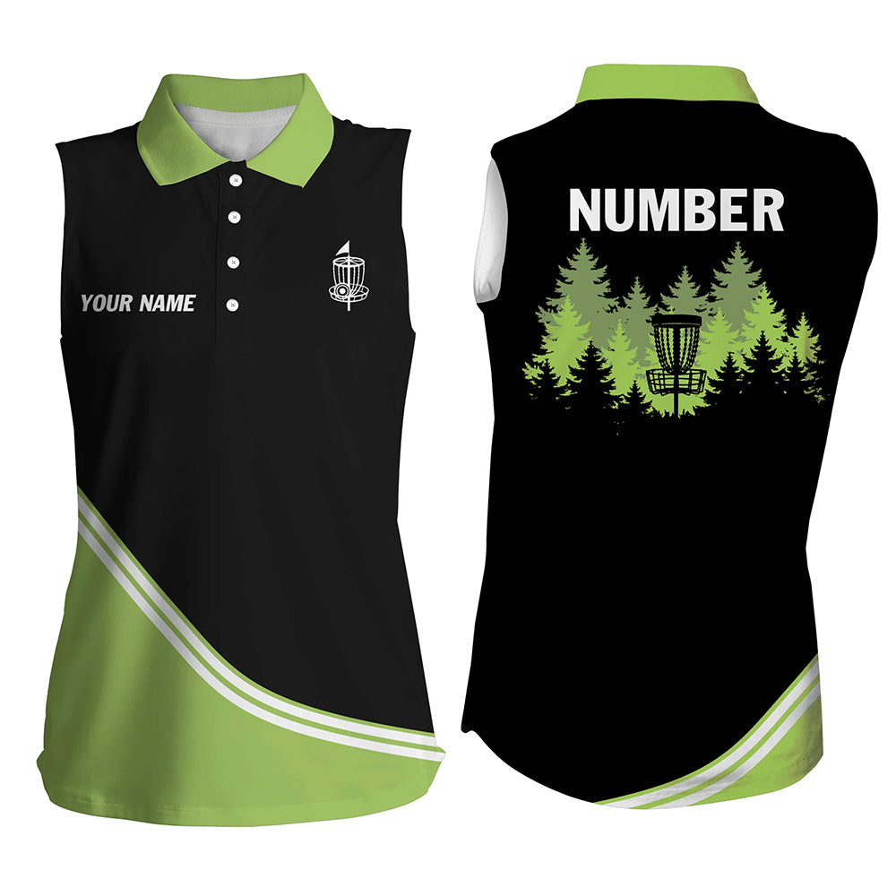 Black and Green disc golf basket in the forest custom Women sleeveless polo shirt, disc golf jersey NQS8752