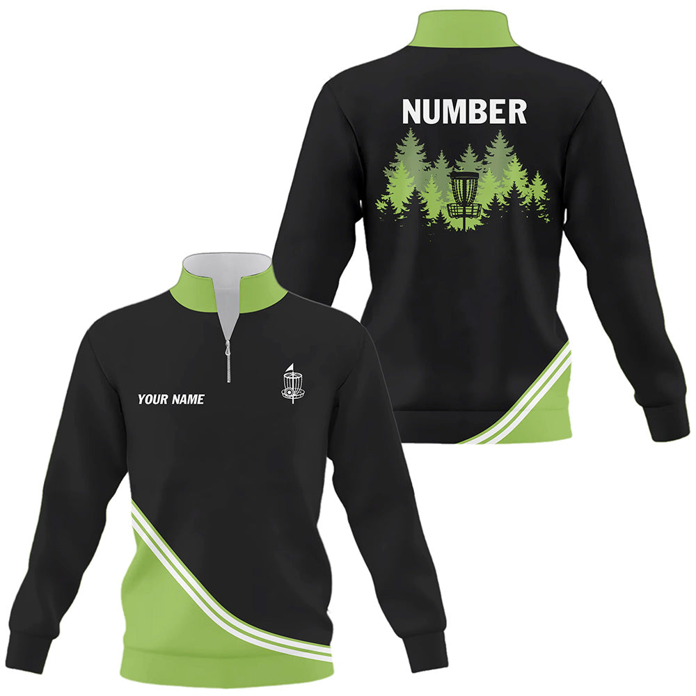 Black and Green disc golf basket in the forest custom Quarter zip sweatshirt, disc golf sweater NQS8752