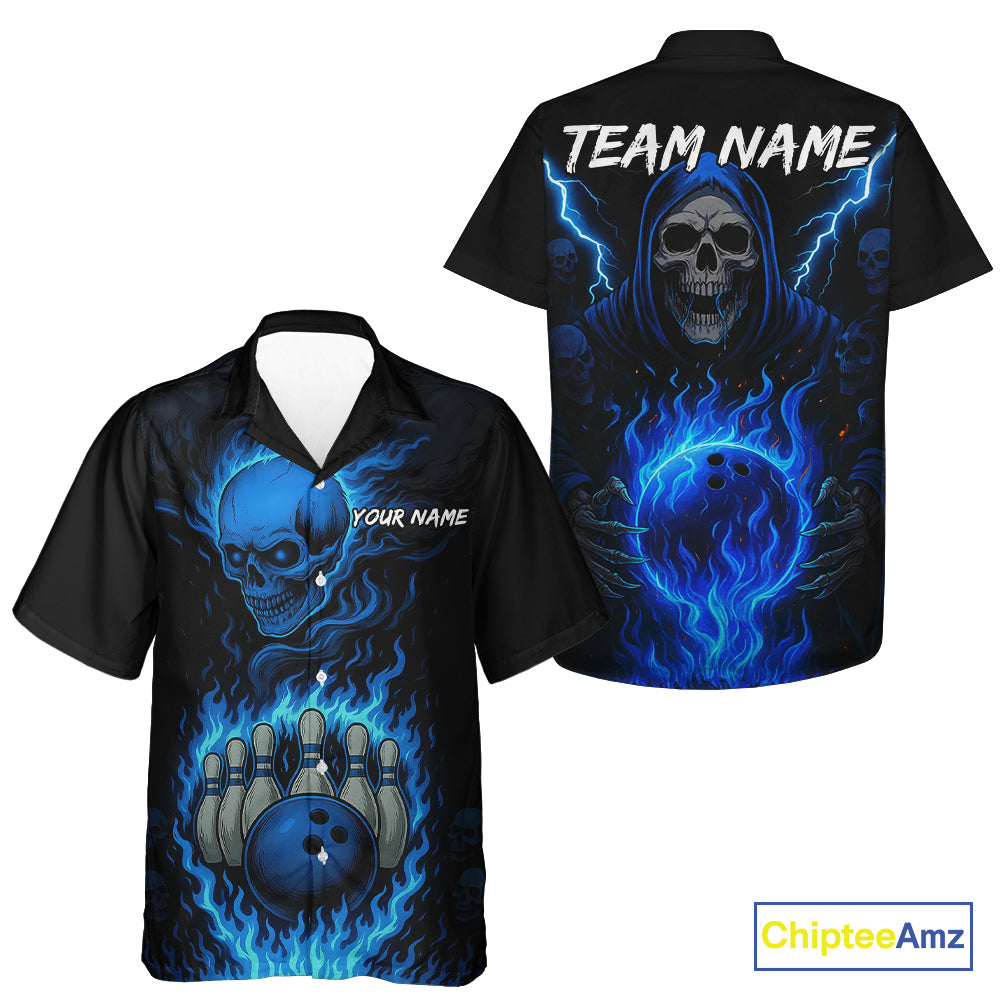 Blue Flame Lightning Thunder Skull Reaper Bowling Hawaiian Shirt Custom Bowling Team League Jersey NQS10908