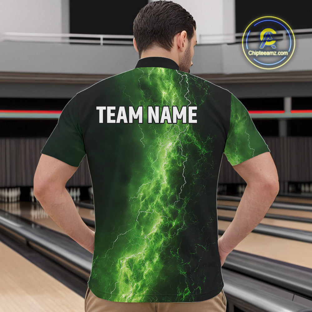 Men's Bowling Shirts Custom Green Lightning Thunder Bowling Team Jersey, gift for team Bowlers NQS10910