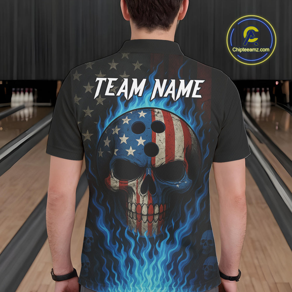Personalized Blue Flame American Flag Skull Patriotic Bowling Polo, Quarter Zip Shirts for Men NQS10914