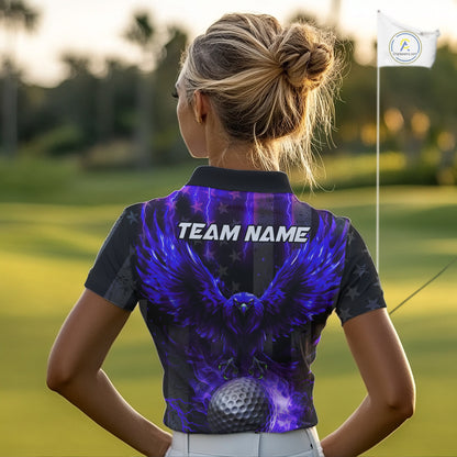 Black American flag Women golf polo shirt Custom purple lightning thunder Eagle patriotic Golf top NQS11094