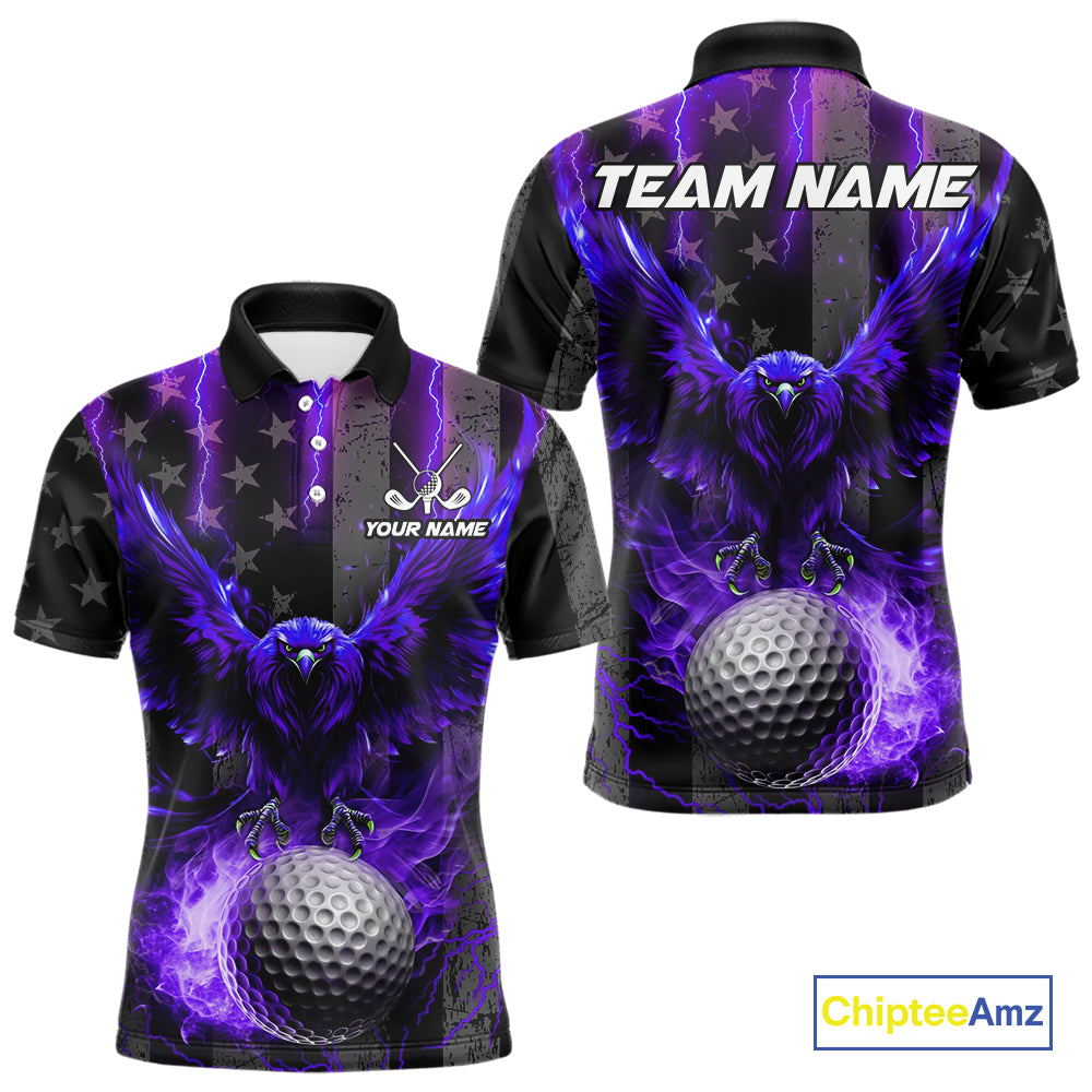 Black American flag Men golf polo shirt Custom purple lightning thunder Eagle patriotic team Golf top NQS11094