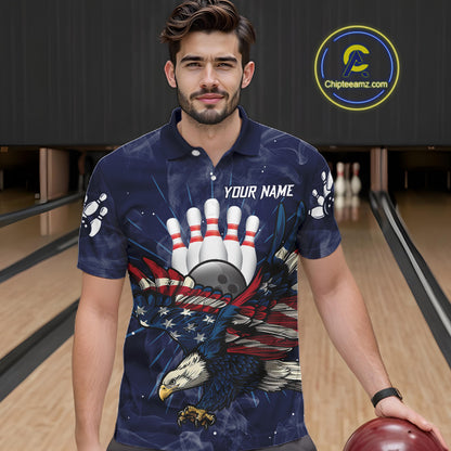 Blue Smoke American Flag Eagle Bowling Shirts For Men Custom patriotic Bowling Team Jersey NQS11288