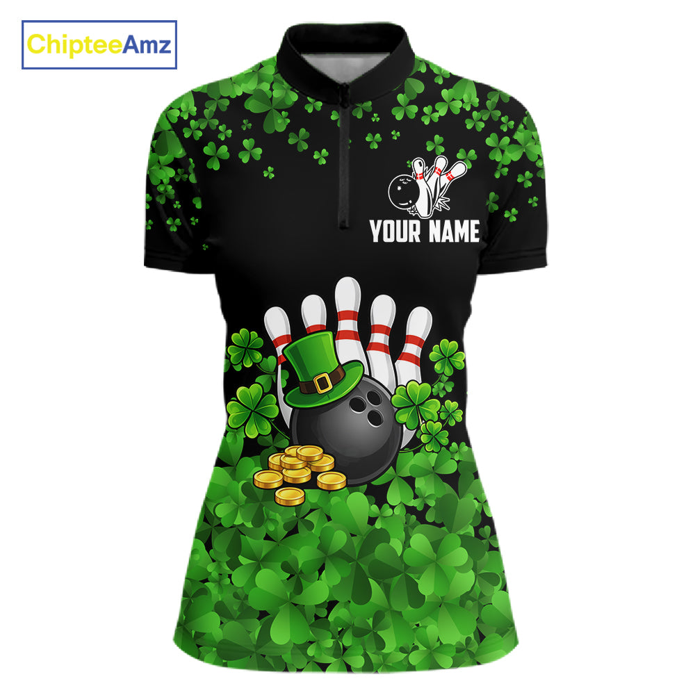 Custom Green clover pattern Bowling shirts for Women, St Patrick's Day bowling apparel, bowling gifts NQS11512