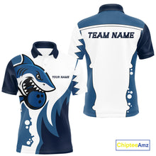 Load image into Gallery viewer, White and Blue Shark Bowling Polo, Quarter Zip shirts for men custom shark bowling team jerseys NQS10159