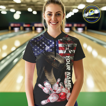 Smoke American Flag Cobra Snake Bowling Shirts For Women Custom patriotic Team Bowling jerseys NQS10286
