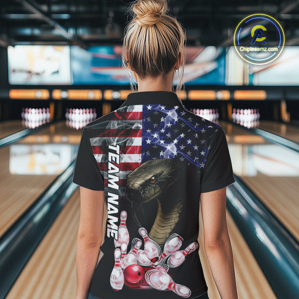 Smoke American Flag Cobra Snake Bowling Shirts For Women Custom patriotic Team Bowling jerseys NQS10286