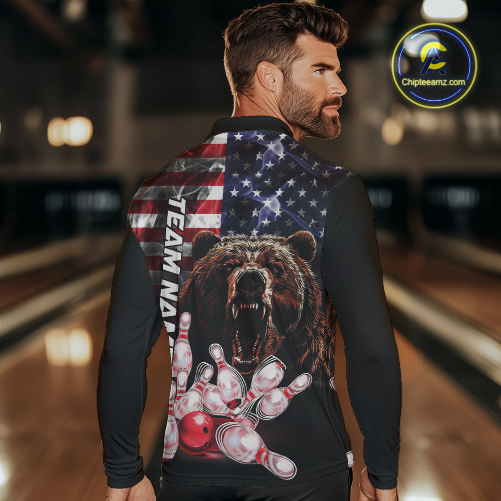 American Flag Bear Bowling Polo, Quarter Zip Shirts for Men Custom patriotic Team Bowling jerseys NQS10287