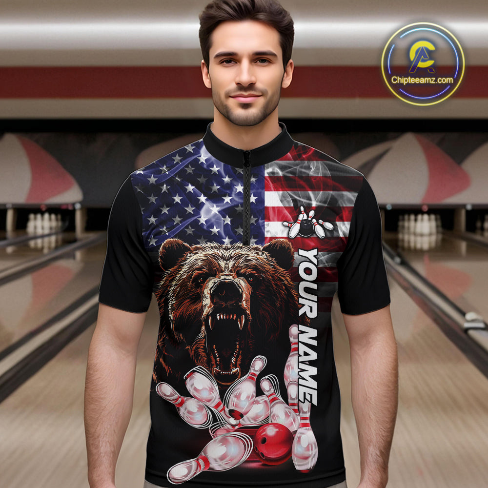 American Flag Bear Bowling Polo, Quarter Zip Shirts for Men Custom patriotic Team Bowling jerseys NQS10287
