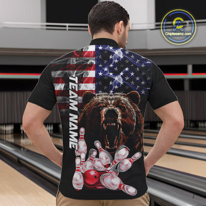 American Flag Bear Bowling Polo, Quarter Zip Shirts for Men Custom patriotic Team Bowling jerseys NQS10287