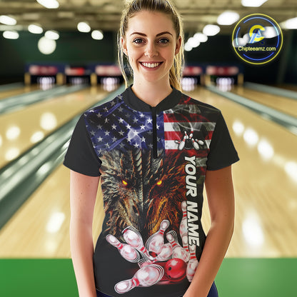 American Flag Dragon Bowling Polo, Quarter Zip Shirts for Women Custom patriotic Team Bowling jerseys NQS10288