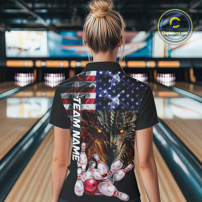 American Flag Dragon Bowling Polo, Quarter Zip Shirts for Women Custom patriotic Team Bowling jerseys NQS10288