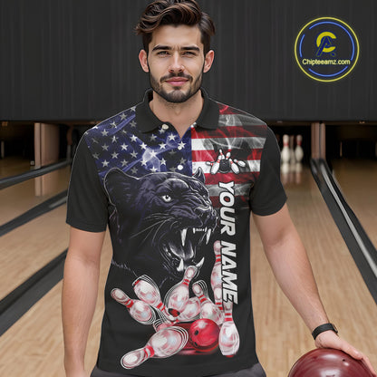 American Flag Panther Bowling Polo, Quarter Zip Shirts for Men Custom patriotic Team Bowling jerseys NQS10289
