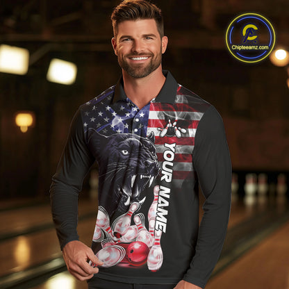American Flag Panther Bowling Polo, Quarter Zip Shirts for Men Custom patriotic Team Bowling jerseys NQS10289