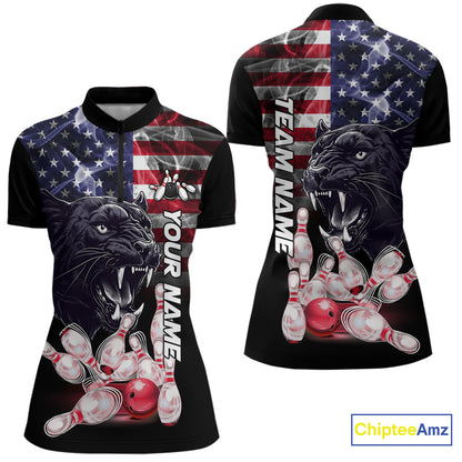 American Flag Panther Bowling Polo, Quarter Zip Shirts for Women Custom patriotic Team Bowling jerseys NQS10289