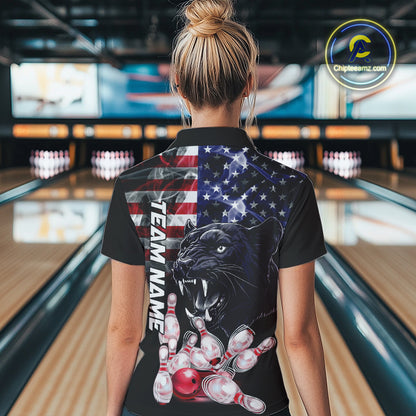 American Flag Panther Bowling Polo, Quarter Zip Shirts for Women Custom patriotic Team Bowling jerseys NQS10289