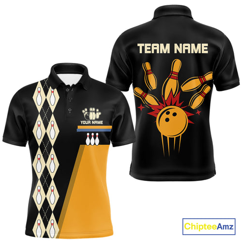 Black and Yellow Retro Bowling Polo, Quarter Zip shirt for Men Custom vintage team bowling jersey NQS10707