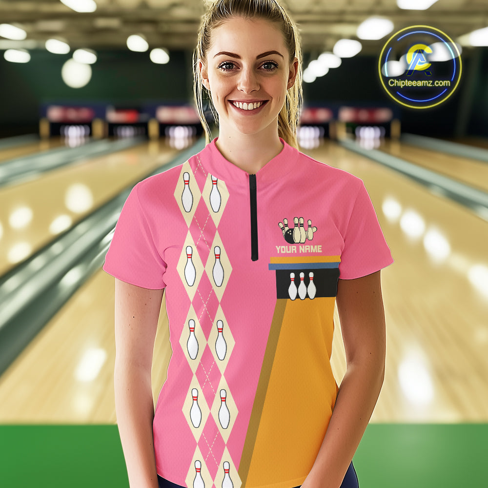 Pink and Yellow Retro Bowling Polo, Quarter Zip shirt for Women Custom vintage team bowling jersey NQS10708