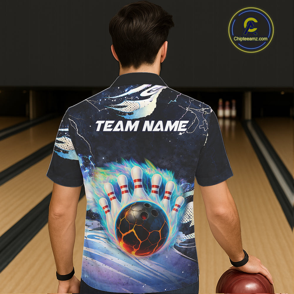 Blue hologram flame Bowling Hawaiian Shirt Custom Bowling Team Button up shirt NQS11295