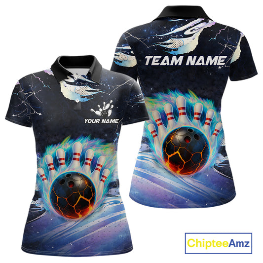 Blue hologram flame Bowling polo, 1/4 zip Shirts for Women Custom Bowling Team jerseys NQS11295